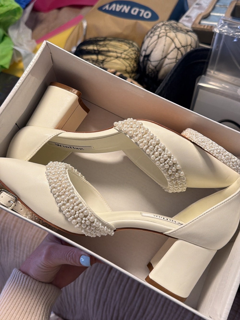 Cream Pearl-Strap Block Heel Sandals